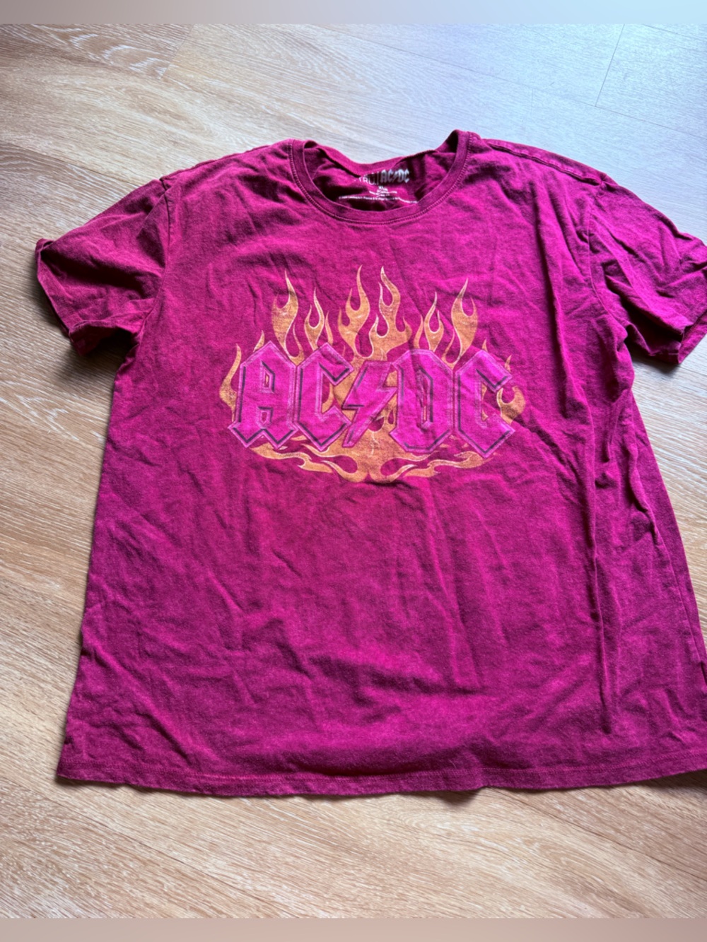 Time and Tru Women's Magenta Graphic Tee with Yellow Flame AC/DC Design